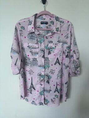 Karl Lagerfeld Pink Paris Print Button-Up Blouse